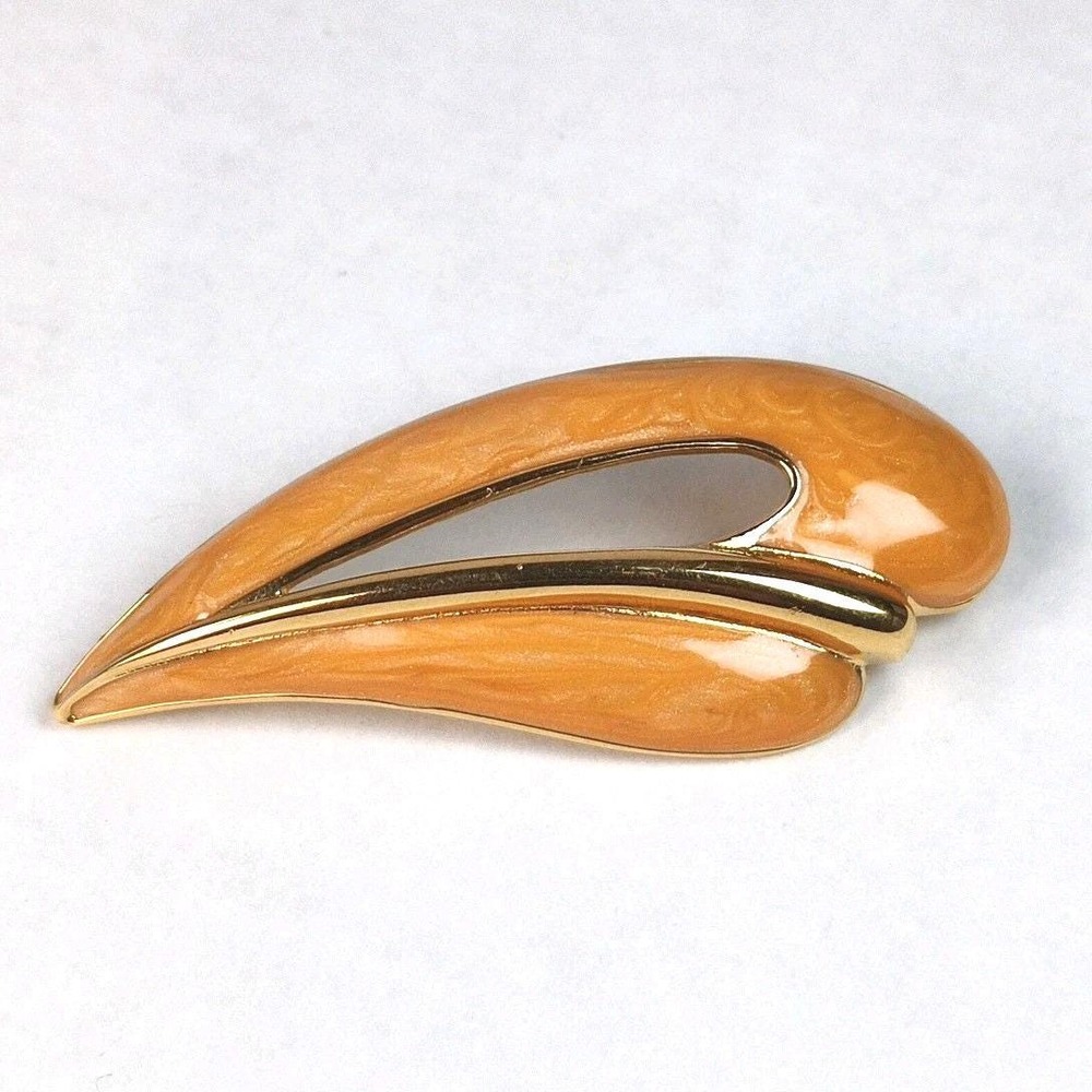Vintage‎ Swirl Monet Peach Enamel On Gold Tone Brooch Pin 2.5"
